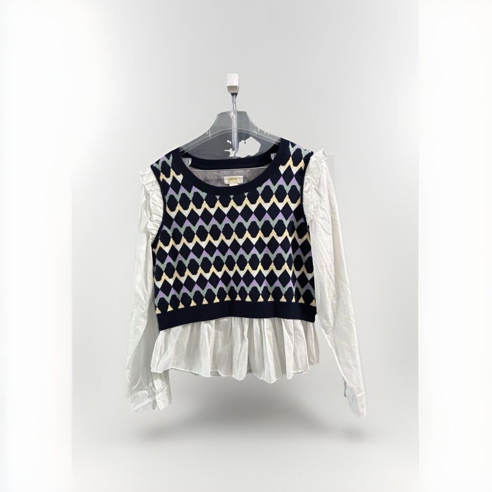 Anthropologie MAEVE Ruffled Twofer Sweater Vest Geometric Cottagecore XL